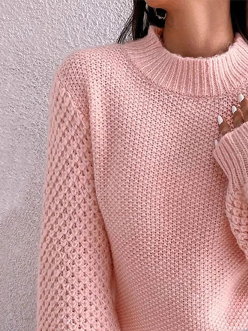 Openwork Mock Neck Long Sleeve Sweater Fitggins