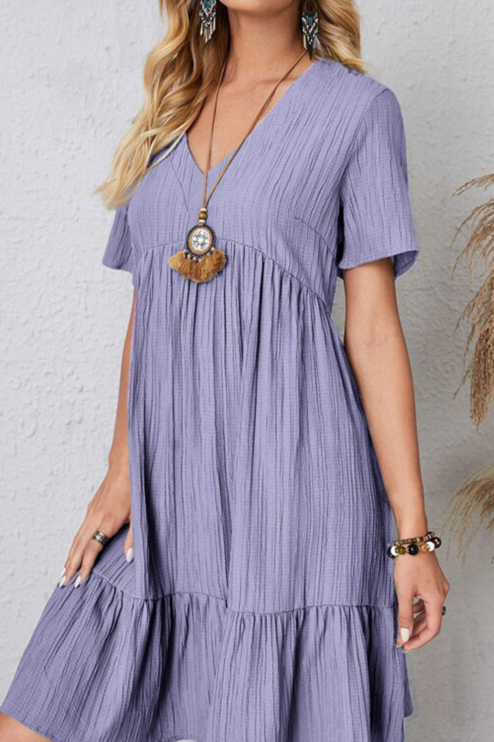 Full Size Ruched V-Neck Short Sleeve Dress - Casual & Maxi Dresses - FITGGINS