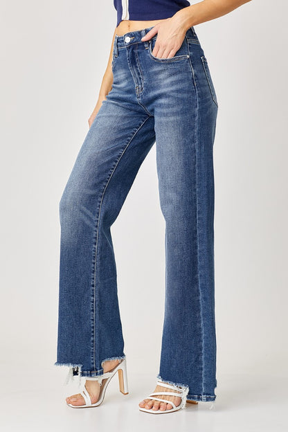 Risen Full Size High Rise Frayed Hem Wide Leg Jeans - Jeans - FITGGINS