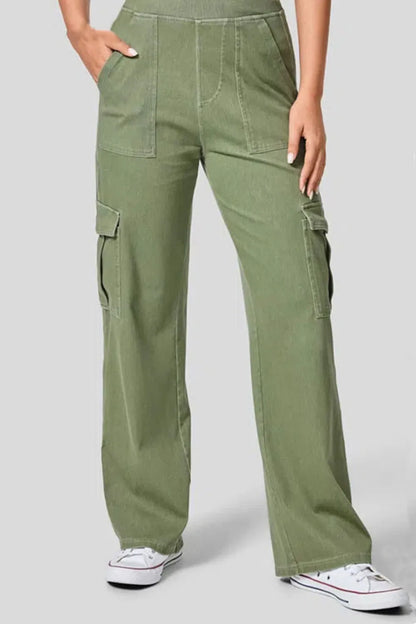 High Waist Straight Leg Cargo Jeans Matcha Green Fitggins