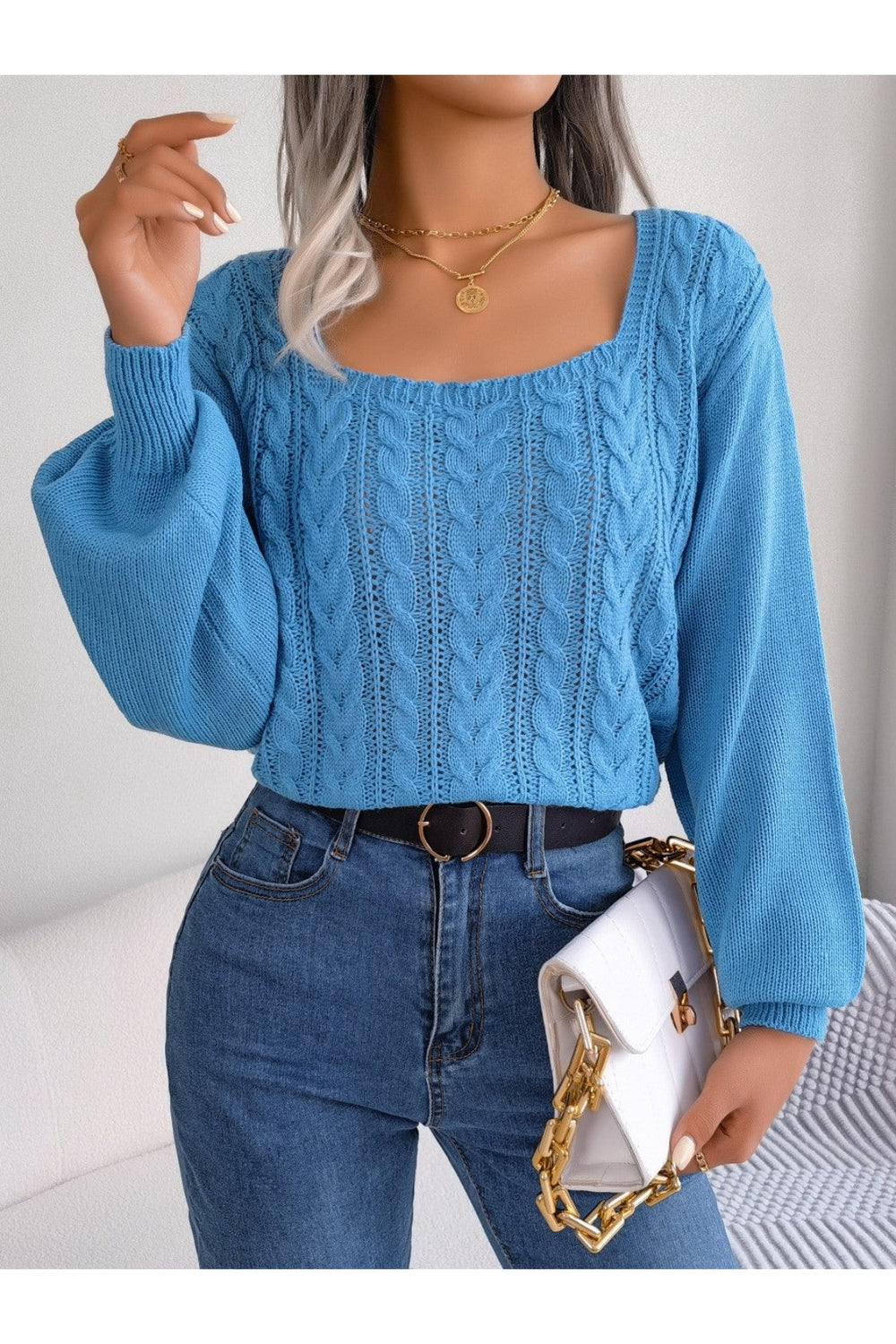 Cable-Knit Square Neck Long Sleeve Sweater - Pullover Sweaters - FITGGINS