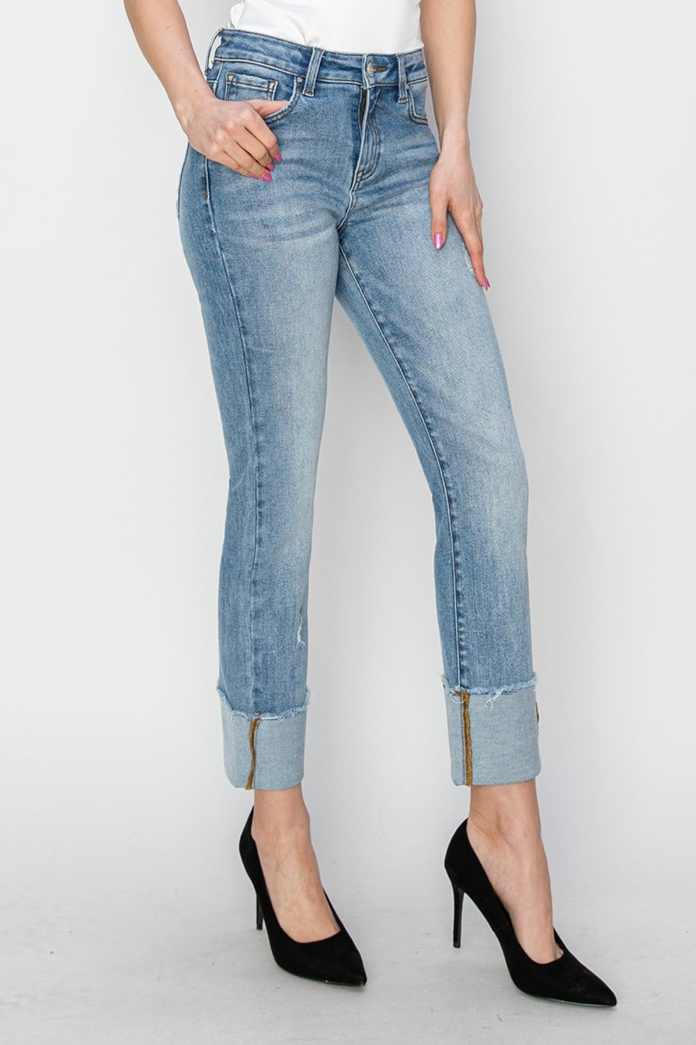 RISEN Full Size High Rise Cuffed Slim Straight Jeans - Jeans - FITGGINS