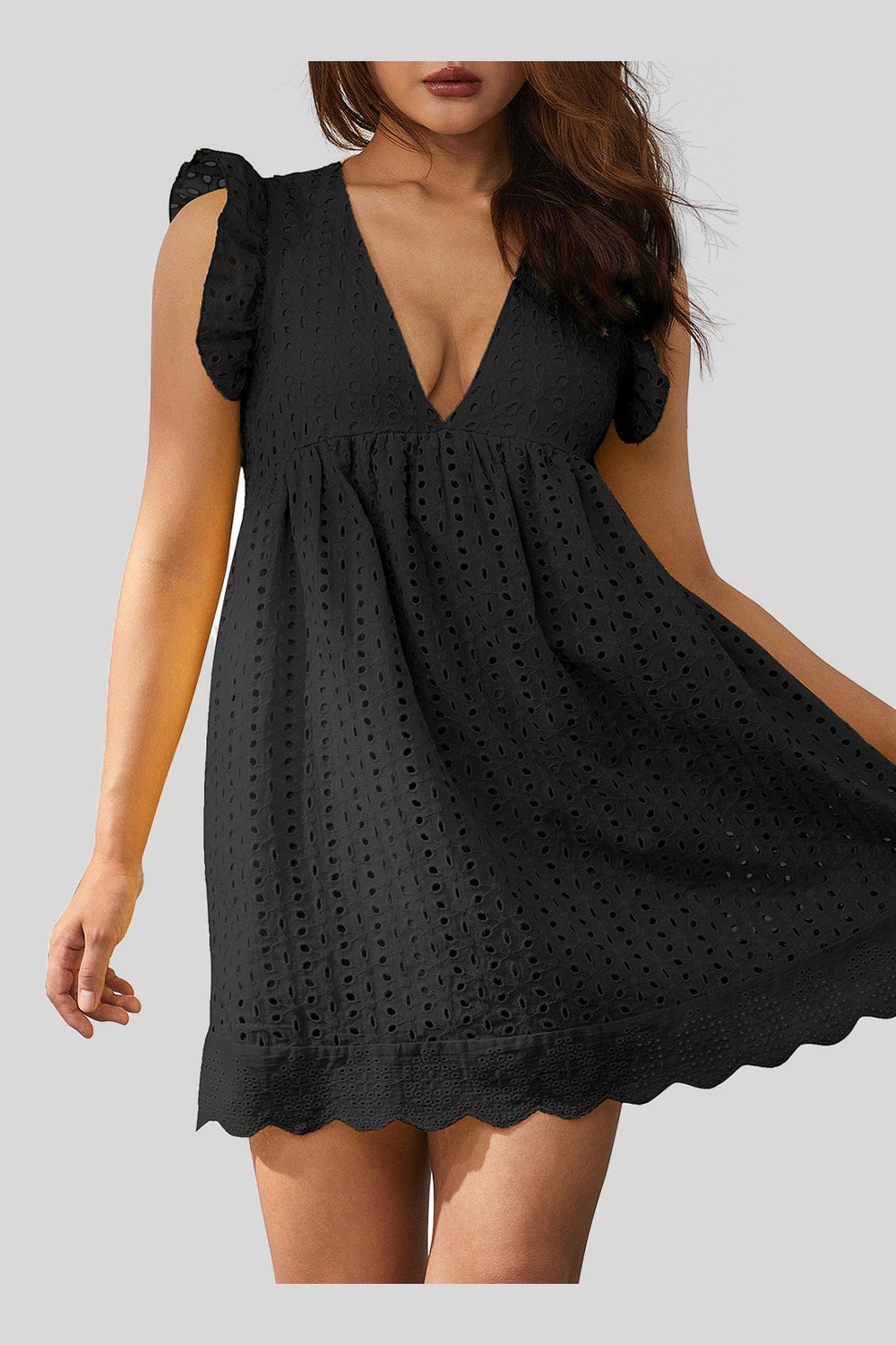 Ruffled Eyelet Cap Sleeve Mini Dress - Casual & Maxi Dresses - FITGGINS