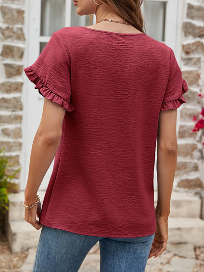 Textured Petal Sleeve Round Neck Tee Fitggins