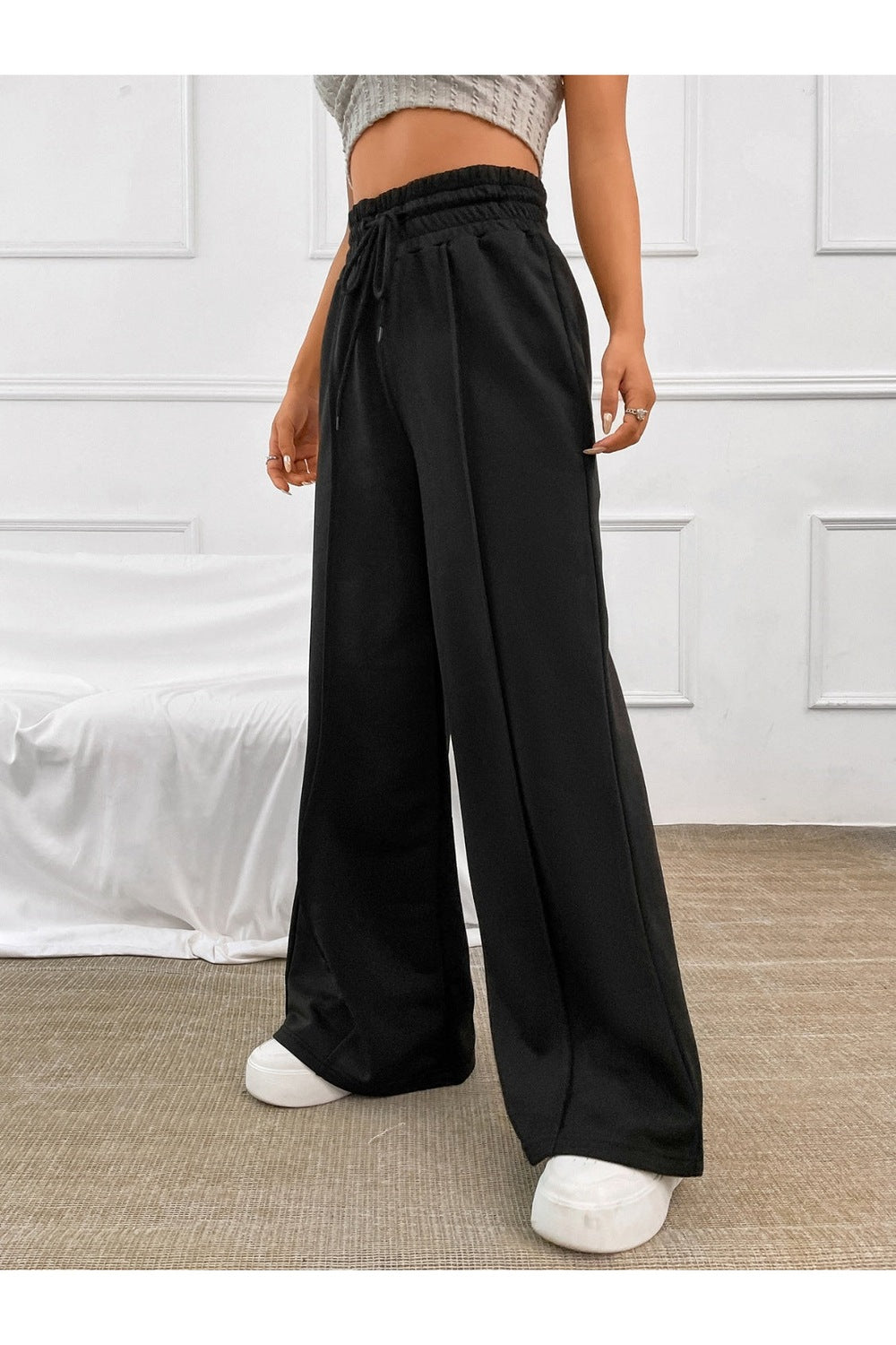 Honey Drawstring Elastic Waist Wide Leg Pants - Pants - FITGGINS