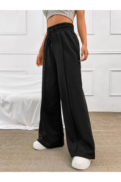 Honey Drawstring Elastic Waist Wide Leg Pants - Pants - FITGGINS