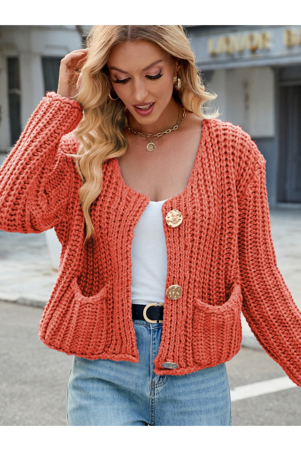 Round Neck Button Up Cardigan with Pockets - Cardigans - FITGGINS