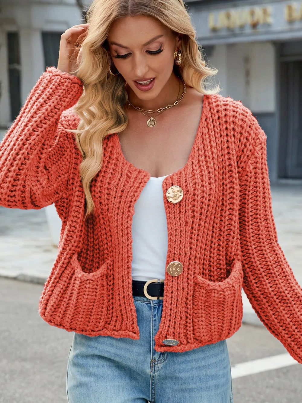 Round Neck Button Up Cardigan with Pockets Fitggins