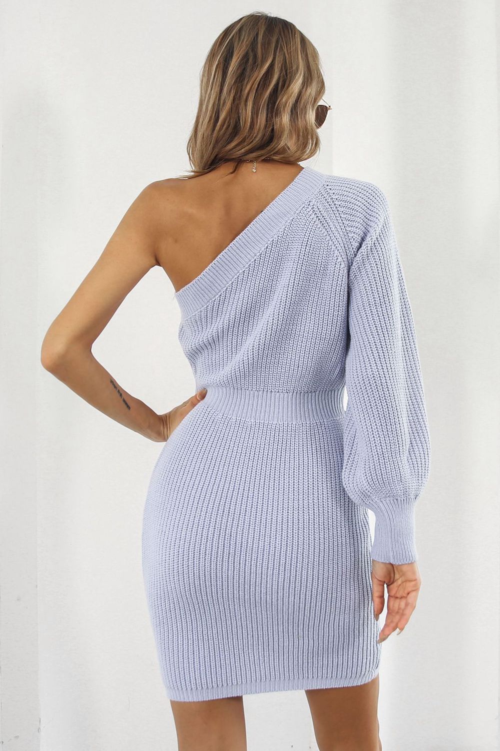 One Shoulder Raglan Sleeve Pencil Sweater Dress - Sweater Dresses - FITGGINS