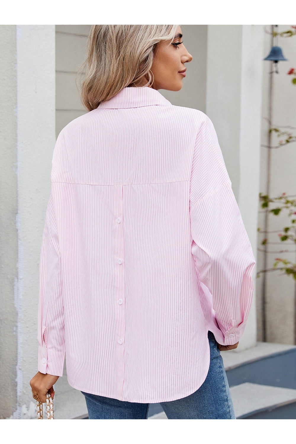 Striped Collared Neck Long Sleeve Shirt Fitggins