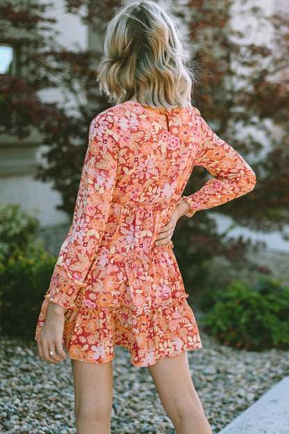 Floral Print Round Neck Long Sleeve Tiered Dress - Casual & Maxi Dresses - FITGGINS