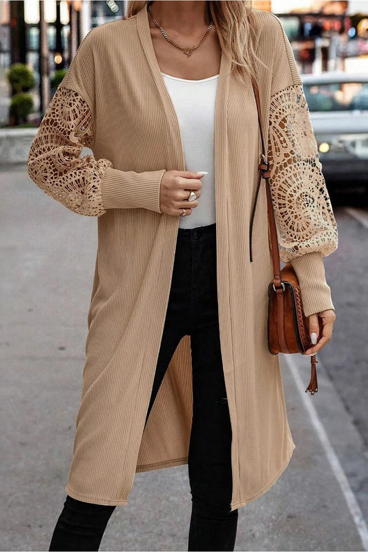 Open Front Lace Lantern Sleeve Cover-Up - Cardigans - FITGGINS