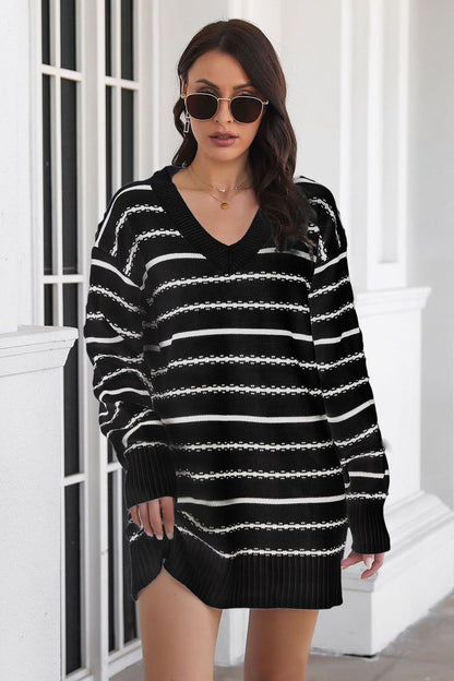 Striped V-Neck Sweater Dress - Sweater Dresses - FITGGINS