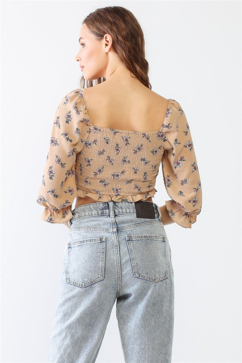 Miss Love / Kevin Co. Floral Ruffle Smocked Back Ruched Crop Top - Shirts - FITGGINS