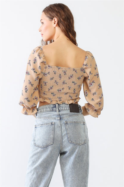 Miss Love / Kevin Co. Floral Ruffle Smocked Back Ruched Crop Top - Shirts - FITGGINS