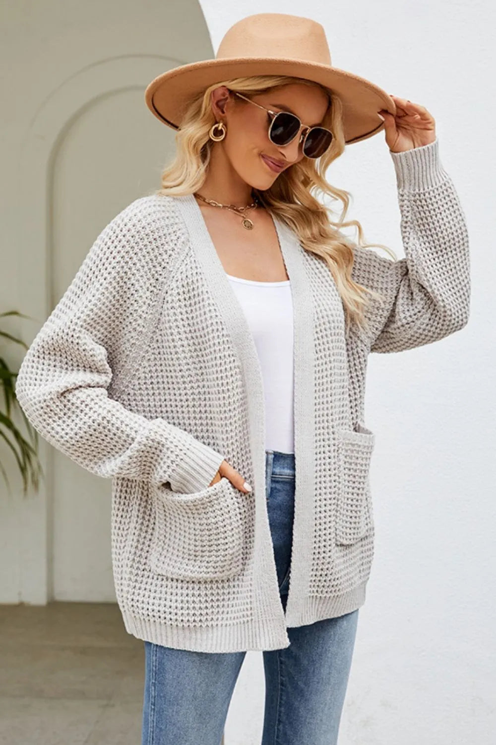 Open Front Raglan Sleeve Pocketed Cardigan Fitggins