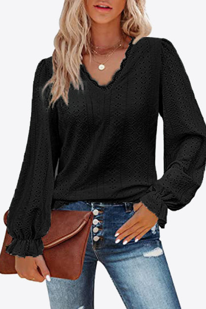 Eyelet V-Neck Flounce Sleeve Blouse Black Fitggins