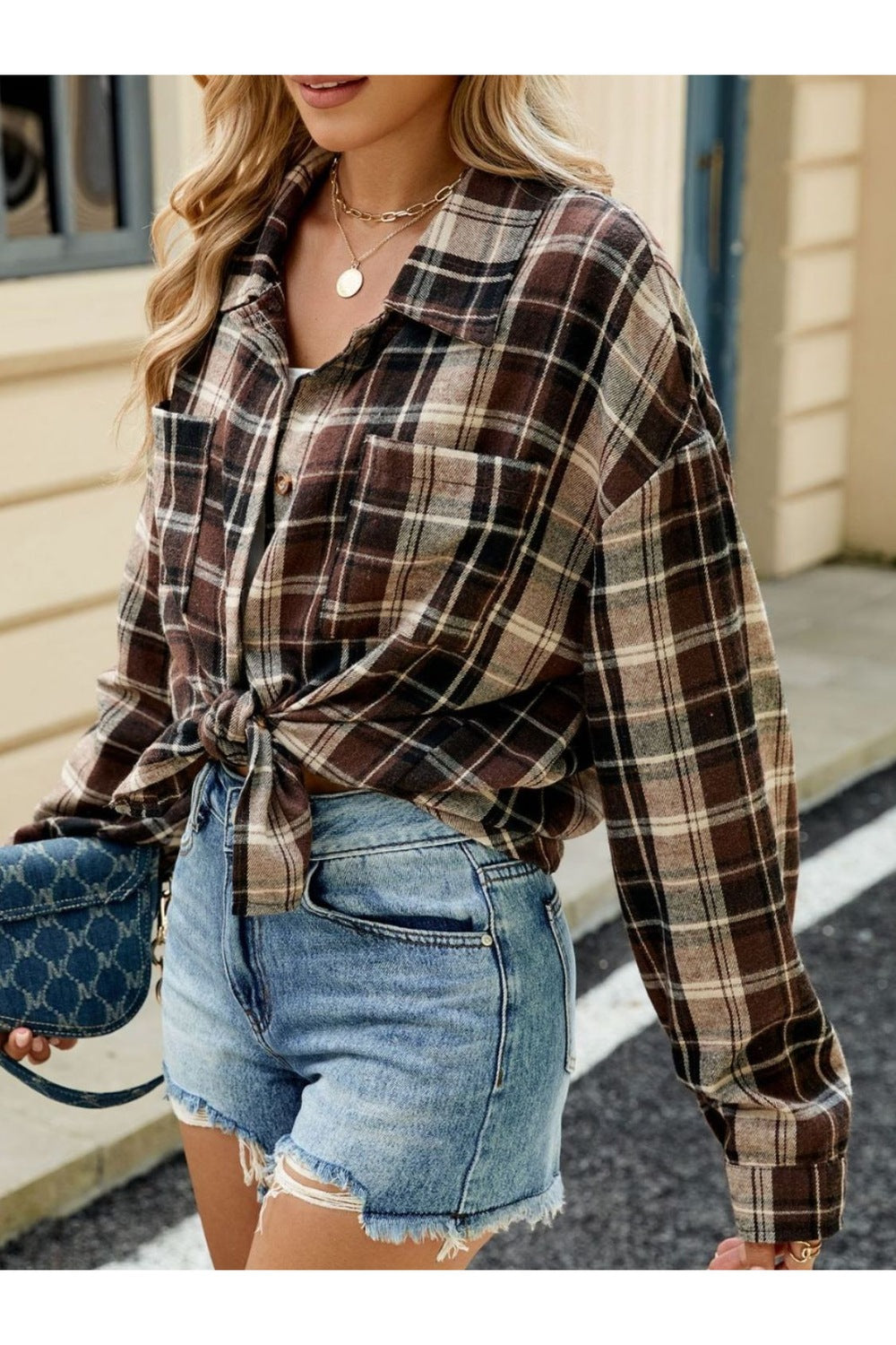 Plaid Collared Neck Long Sleeve Shirt - Shirts - FITGGINS