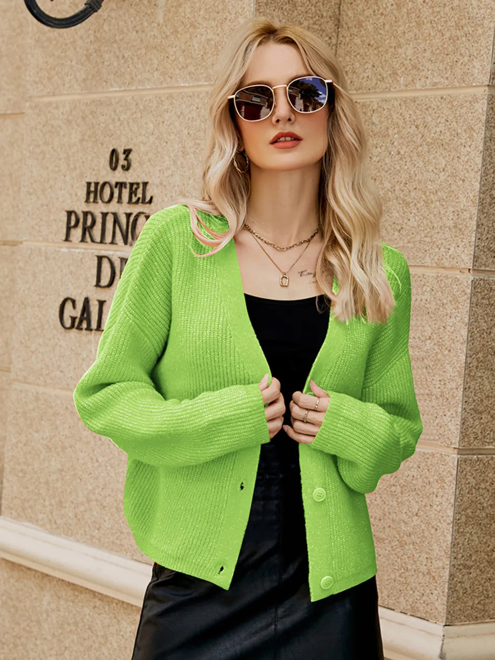 Dropped-Shoulder Button-Up Cardigan Yellow-Green Fitggins