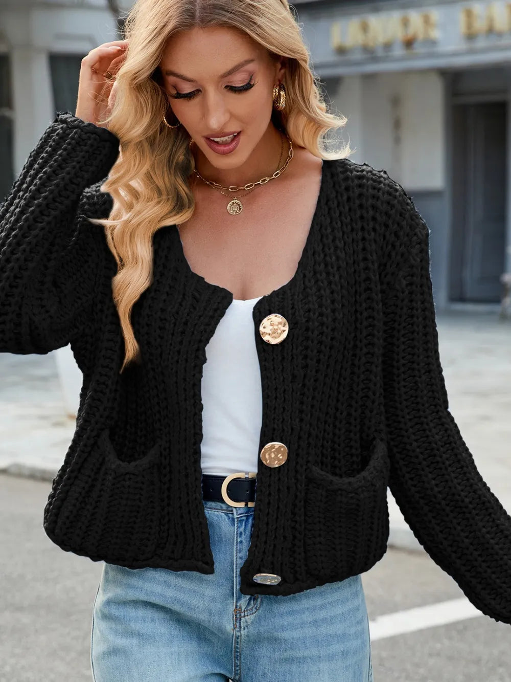 Round Neck Button Up Cardigan with Pockets Fitggins