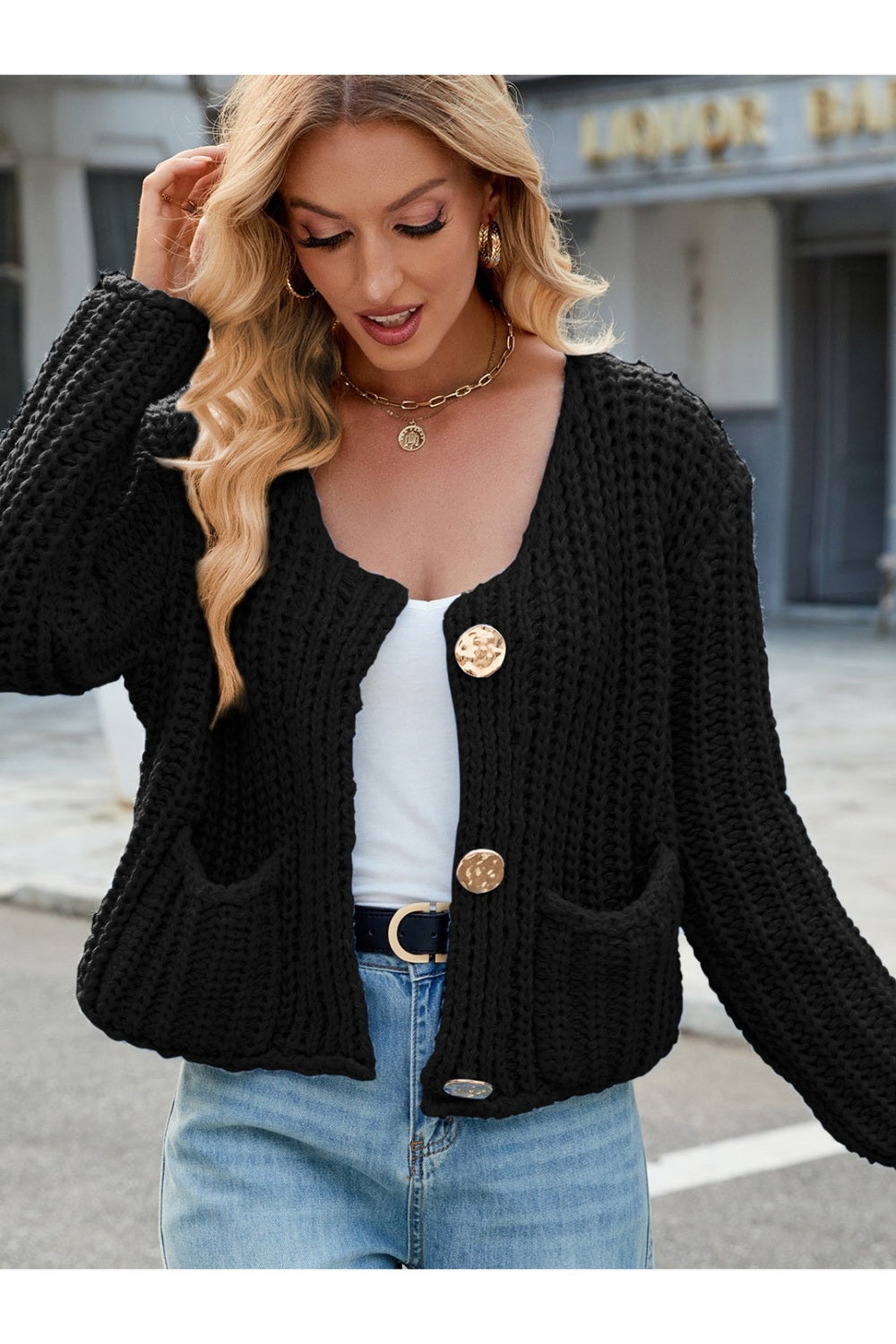 Round Neck Button Up Cardigan with Pockets - Cardigans - FITGGINS