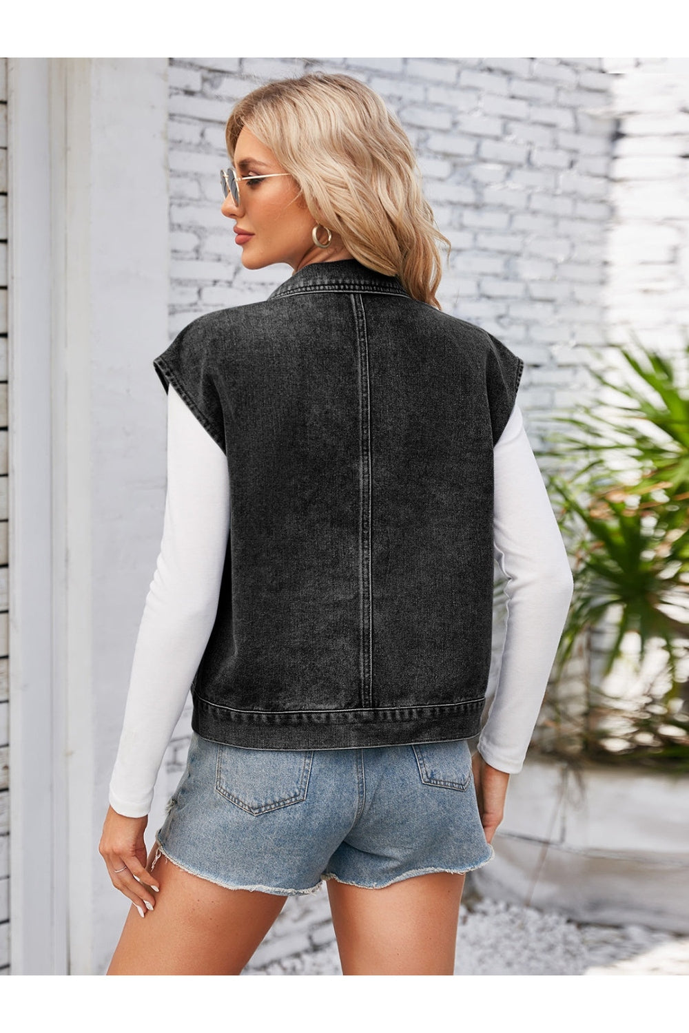 Cap Sleeve Denim Jacket with Pockets - Denim Jackets - FITGGINS