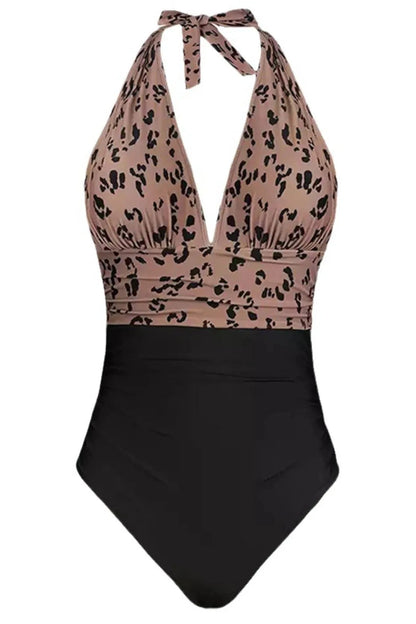 Trendy Plus Size Leopard Halter Neck One-Piece Swimwear Fitggins