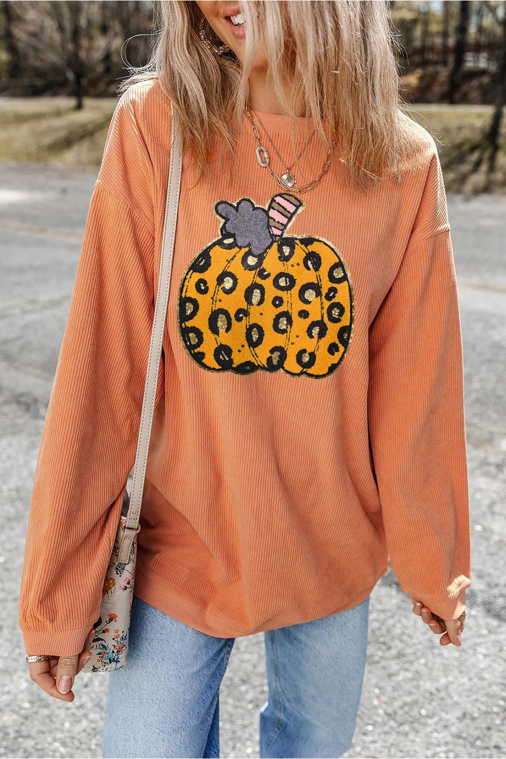 Pumpkin Round Neck Long Sleeve Sweatshirt - Sweatshirts & Hoodies - FITGGINS