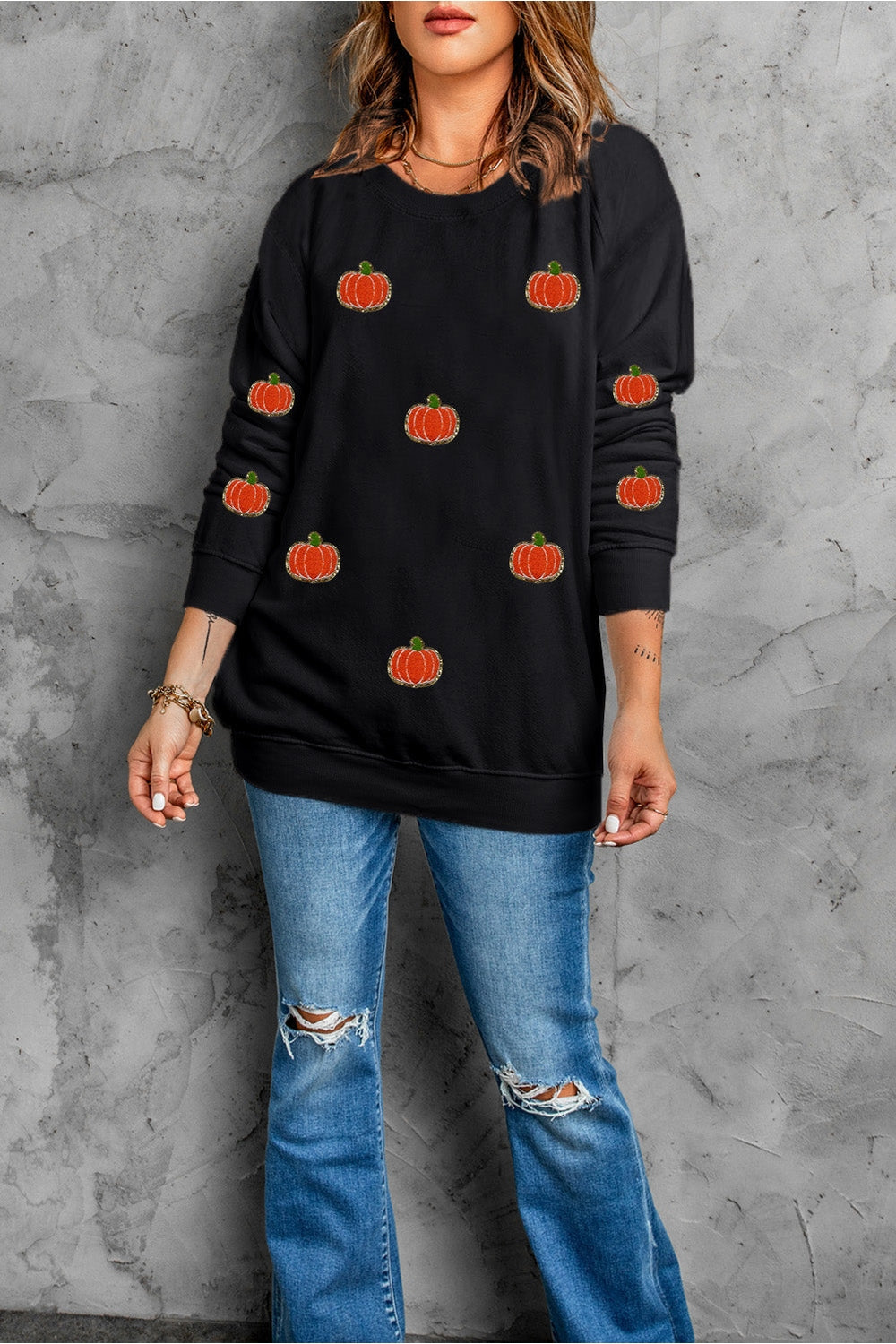 Pumpkin Round Neck Long Sleeve Sweatshirt - Sweatshirts & Hoodies - FITGGINS