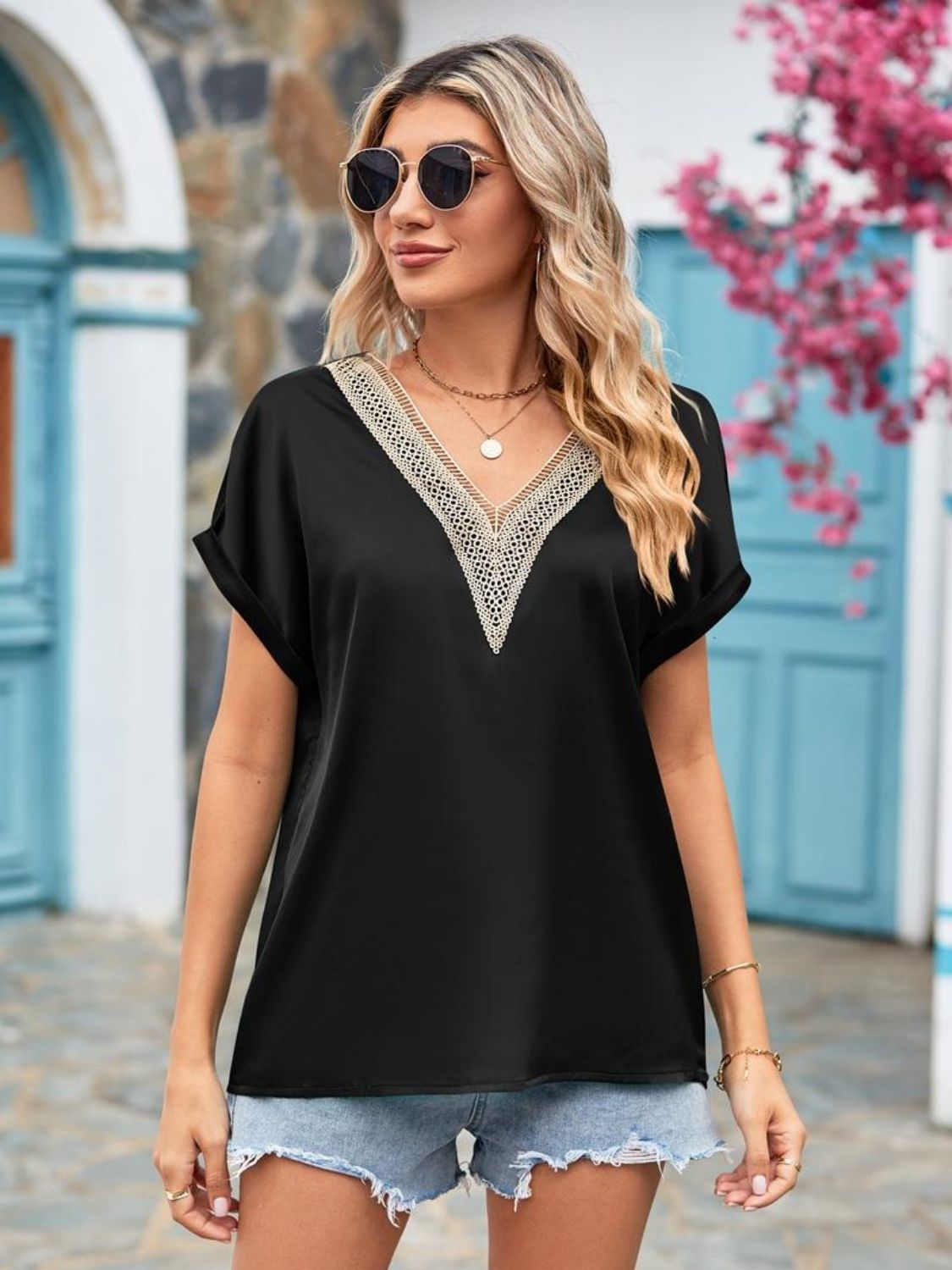 Mandy V-Neck Cuffed Blouse Fitggins