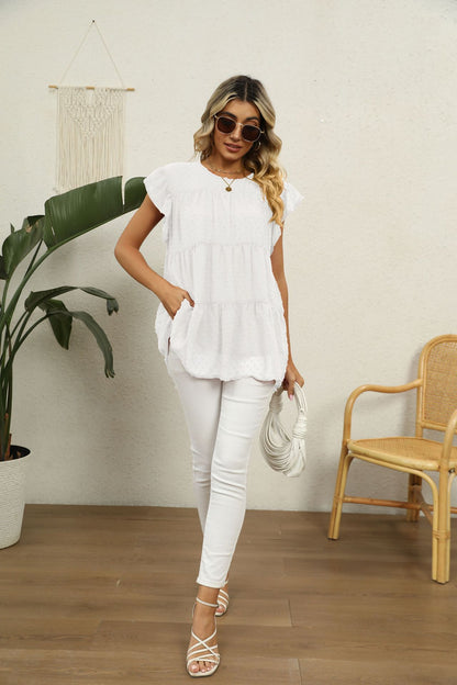 Swiss Dot Round Neck Tiered Blouse Fitggins