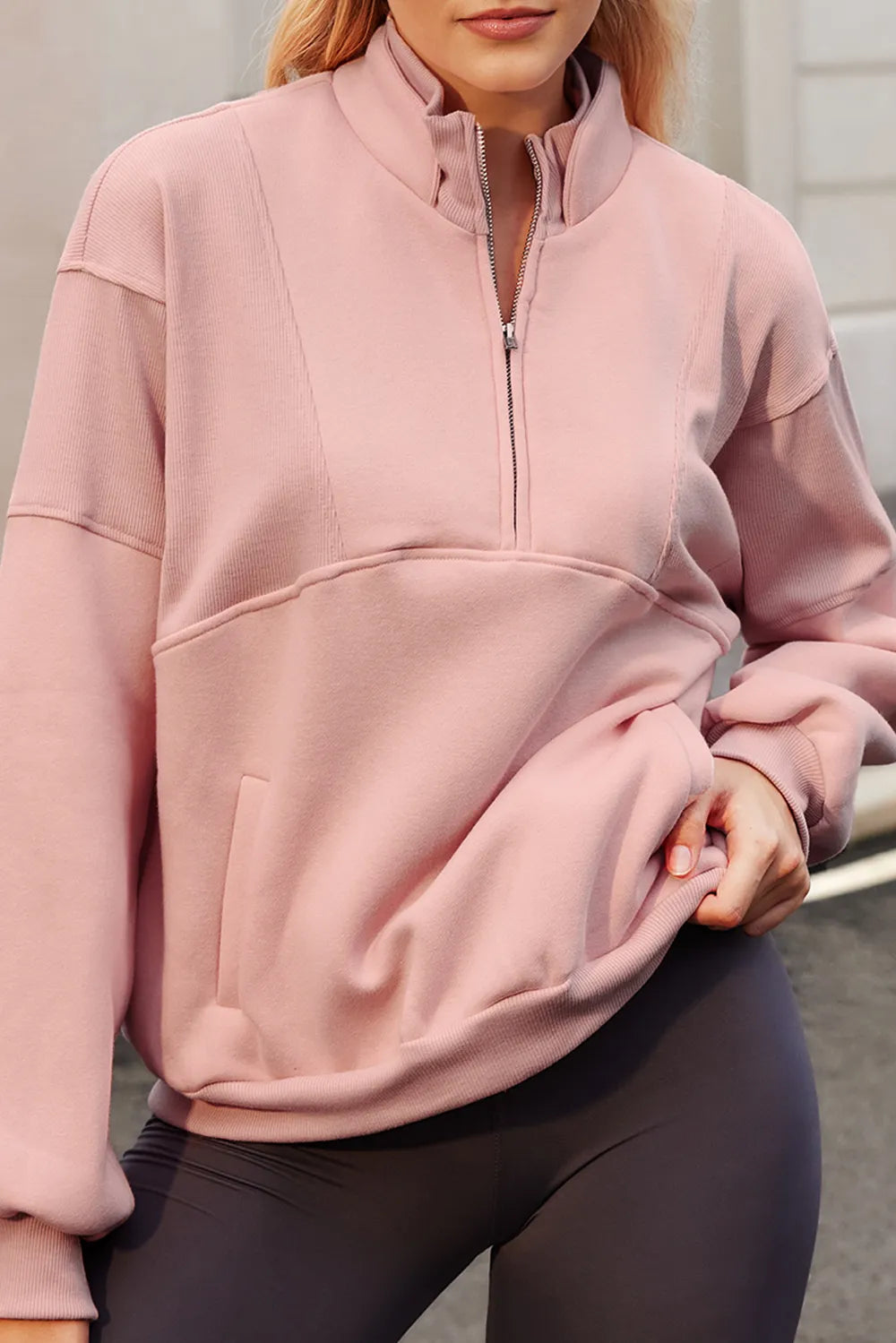Half Zip Drop Shoulder Long Sleeve Sweatshirt Pale Blush Fitggins
