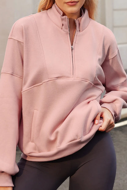 Half Zip Drop Shoulder Long Sleeve Sweatshirt Pale Blush Fitggins