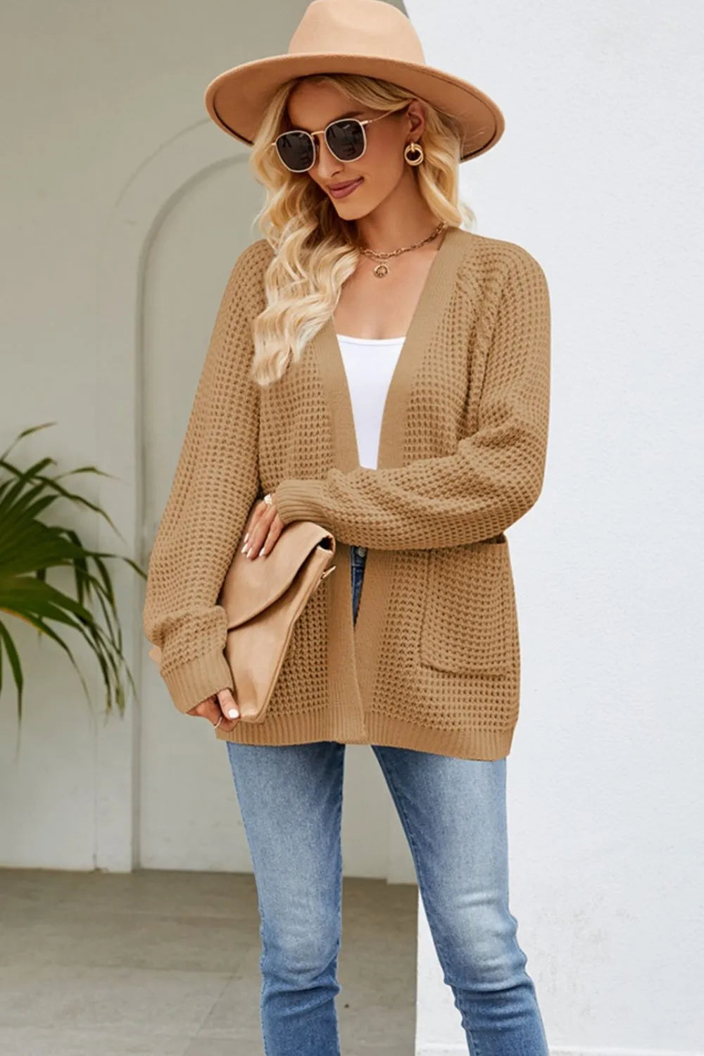 Open Front Raglan Sleeve Pocketed Cardigan Fitggins