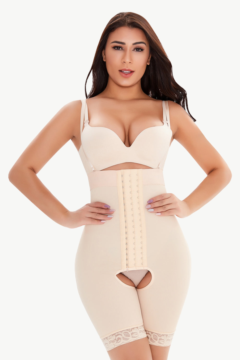 Full-Size Hook-and-Eye Lace-Trim Shaping Bodysuit Apricot Fitggins