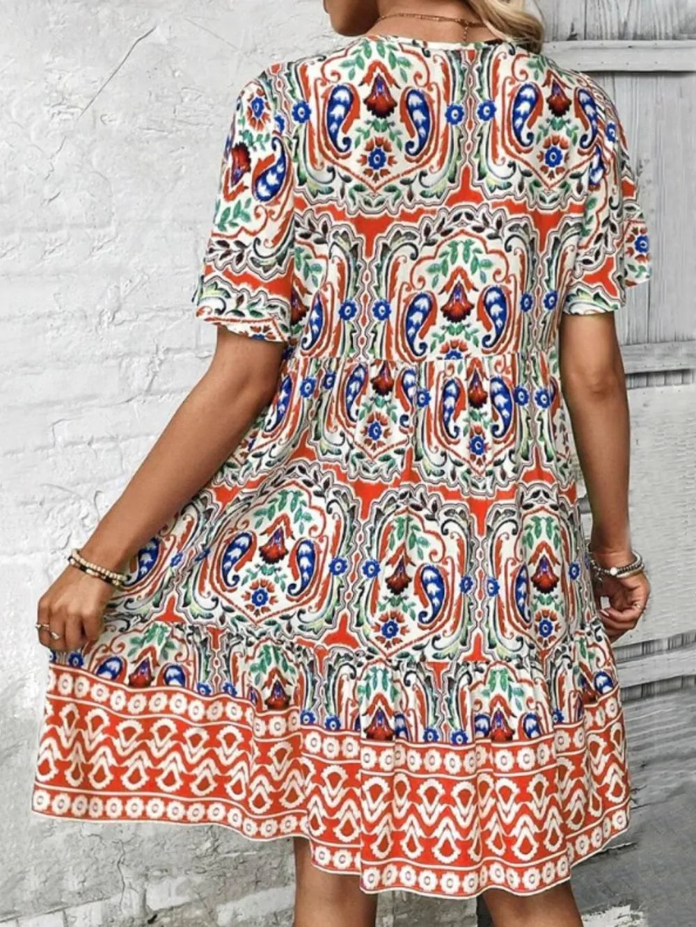 Printed Tie Neck Short Sleeve Dress Fitggins