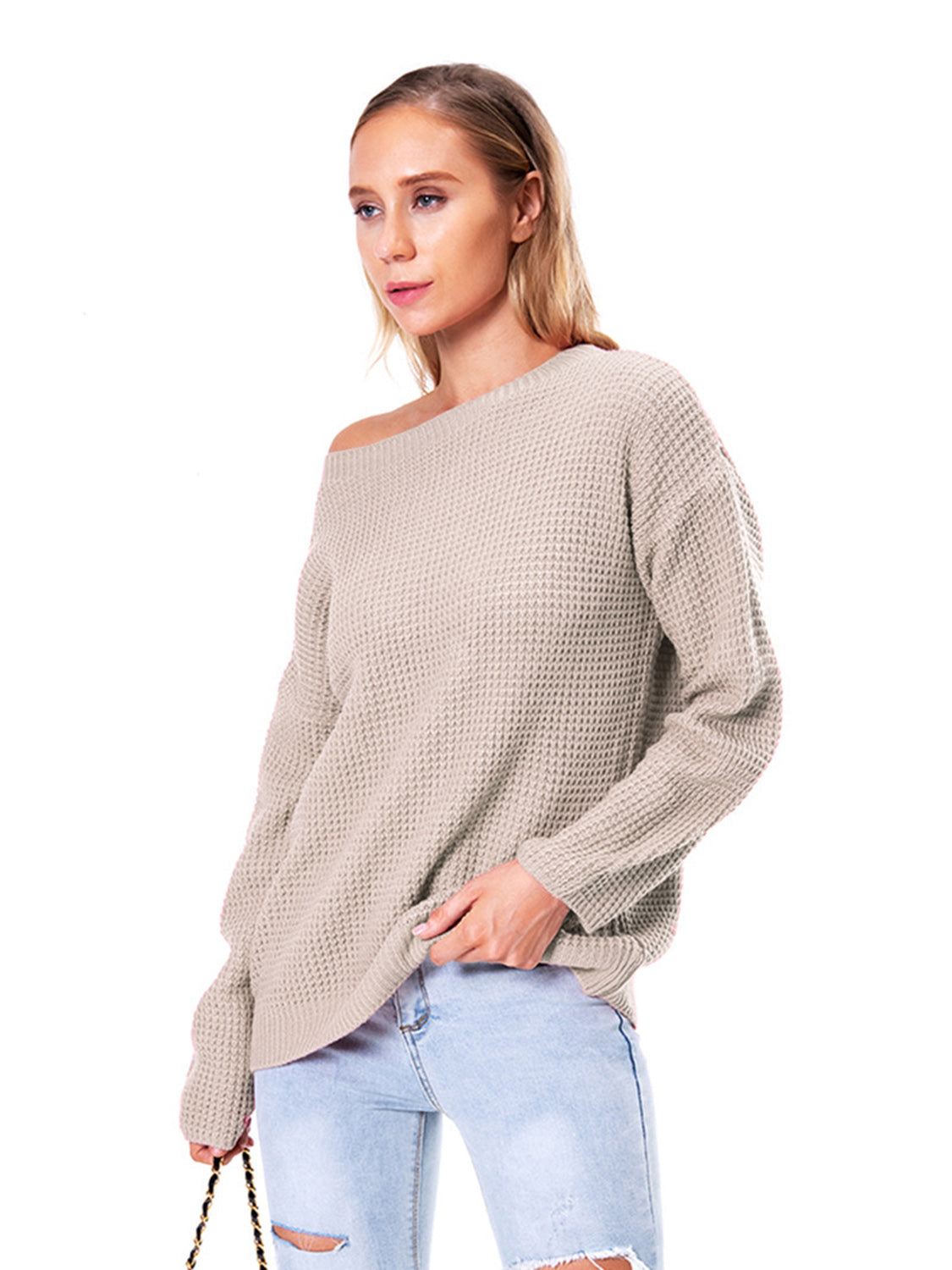 Boat Neck Drop Shoulder Long Sleeve Sweater Fitggins