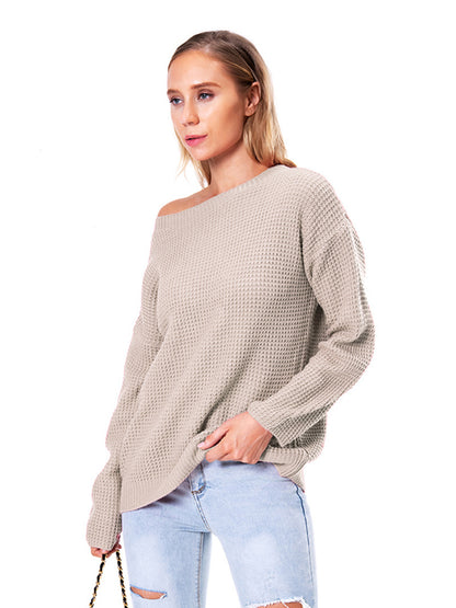 Boat Neck Drop Shoulder Long Sleeve Sweater Fitggins