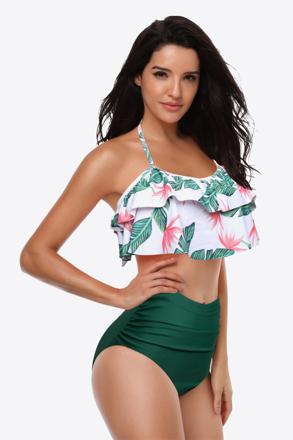 Two-Tone Ruffled Halter Neck Two-Piece Swimsuit - Bikinis & Tankinis - FITGGINS