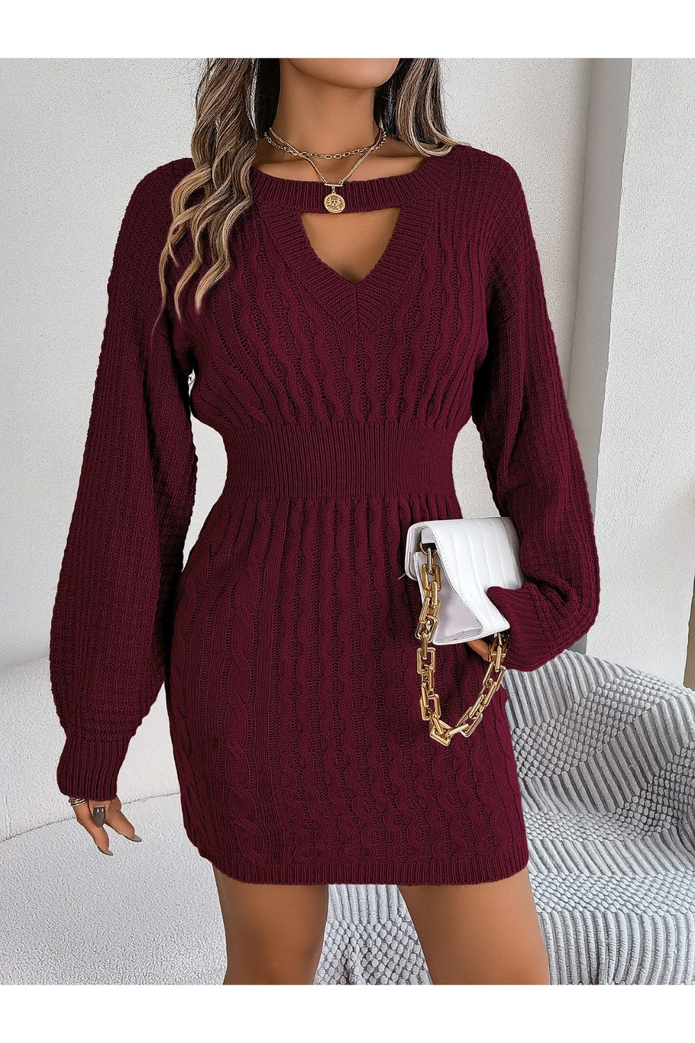 Cable-Knit Cutout Round Neck Slit Sweater Dress - Sweater Dresses - FITGGINS