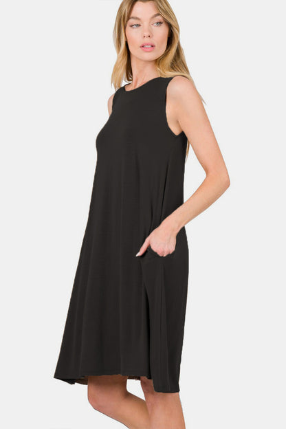 Zenana Full Size Sleeveless Flared Dress with Side Pockets - Casual & Maxi Dresses - FITGGINS