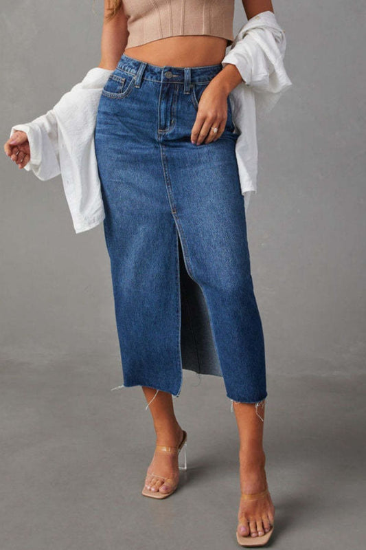 Slit Raw Hem Midi Denim Skirt - Shirts - FITGGINS