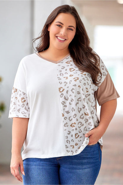 Plus Size Leopard V-Neck T-Shirt - T-Shirts - FITGGINS