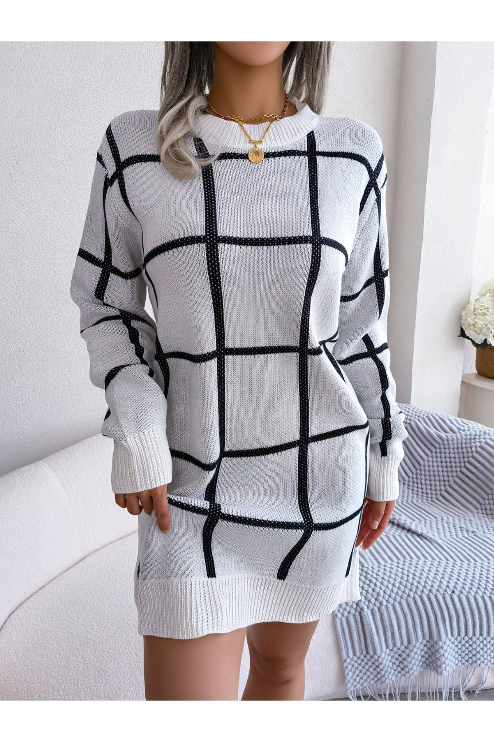 Plaid Round Neck Dropped Shoulder Sweater Dress - Sweater Dresses - FITGGINS