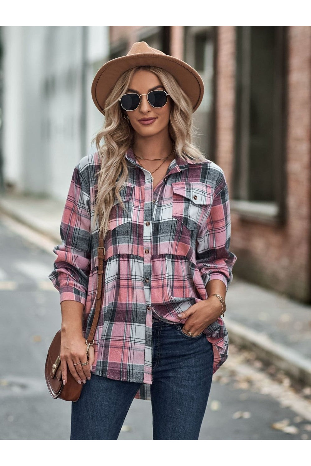 Plaid Button Up Dropped Shoulder Shirt - Shirts - FITGGINS