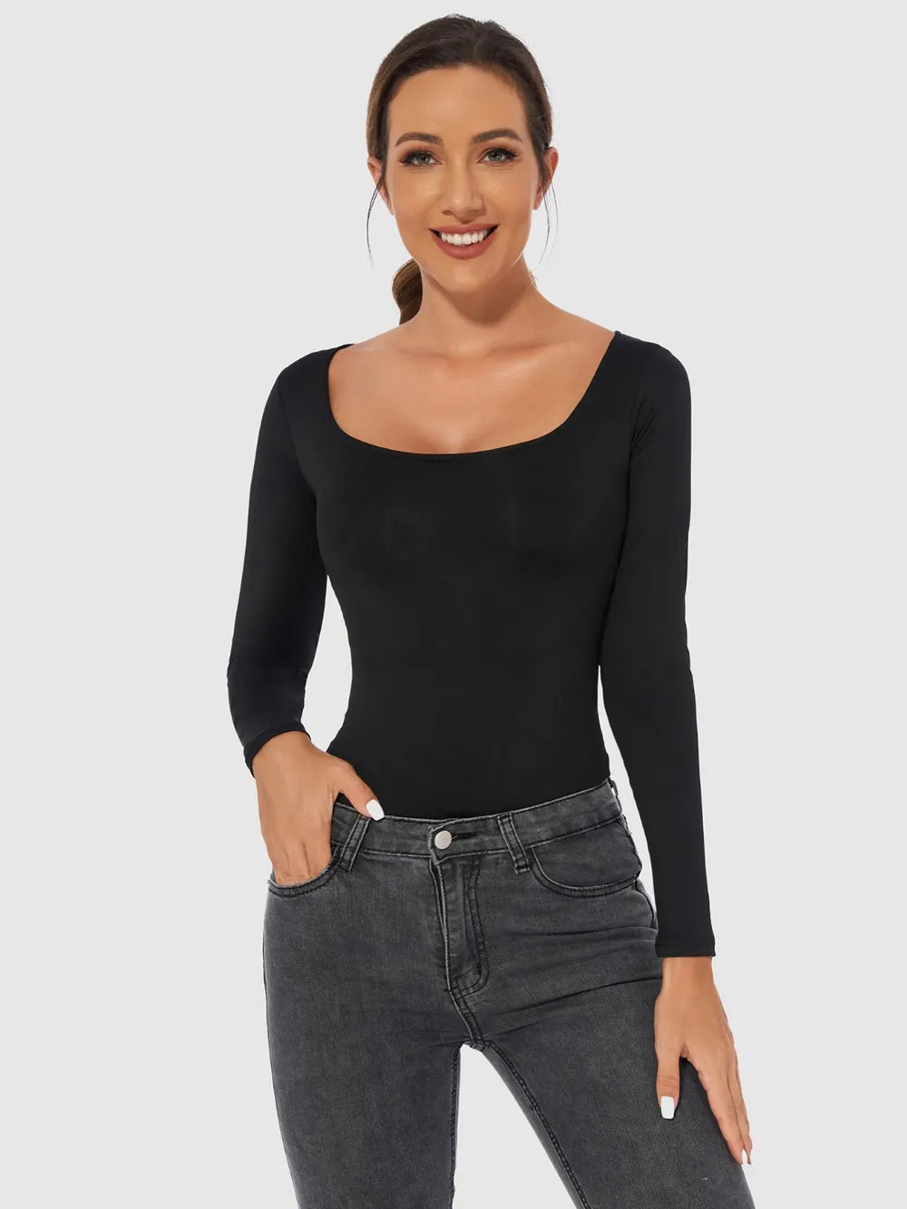 Full Size Scoop Neck Long Sleeve Bodysuit Black Fitggins