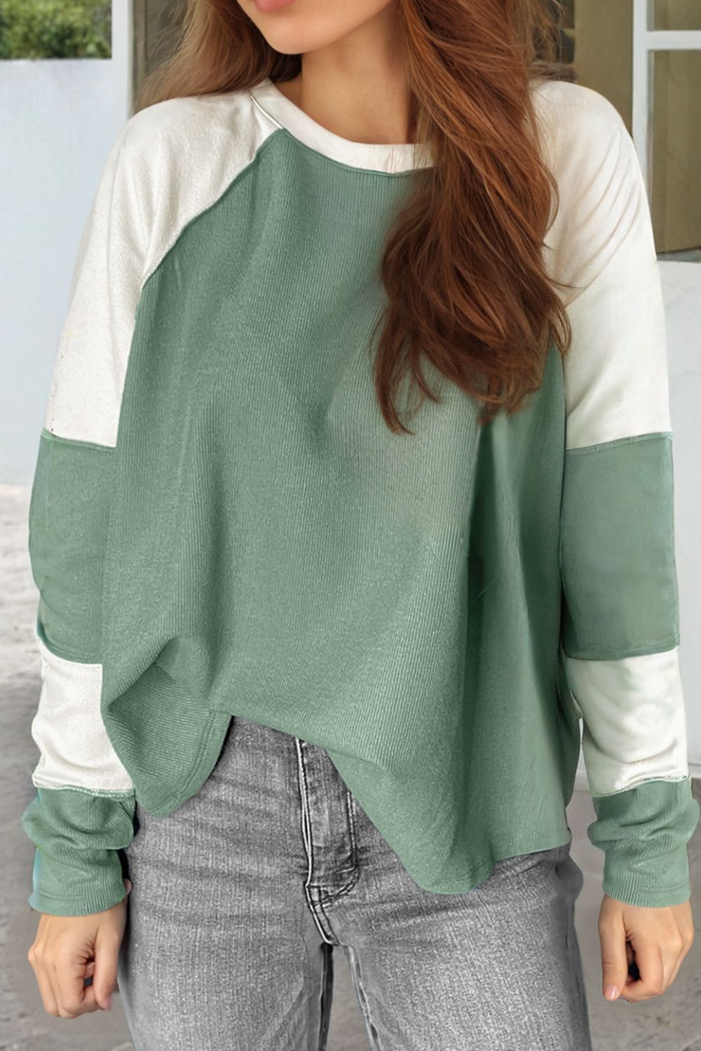 Color Block Round Neck Raglan Sleeve Top - Sweatshirts & Hoodies - FITGGINS