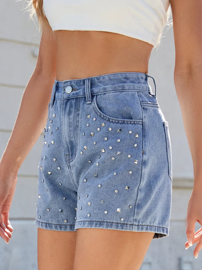 Rhinestone Washed High Waist Denim Shorts Fitggins