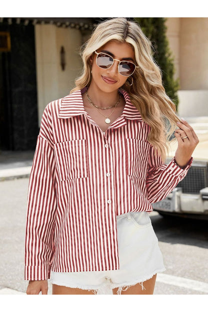 Striped Button Up Long Sleeve Shirt - Shirts - FITGGINS