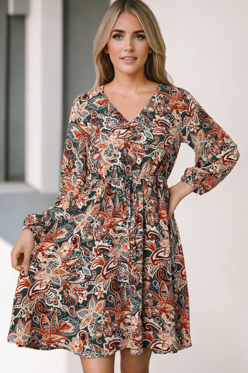 Printed V-Neck Mini Dress - Casual & Maxi Dresses - FITGGINS